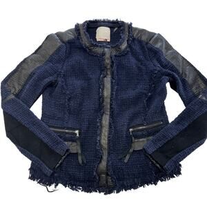 Rebecca Taylor Jacket Womens‎ 6 Blue Boucle Fringe Leather Trim Blazer